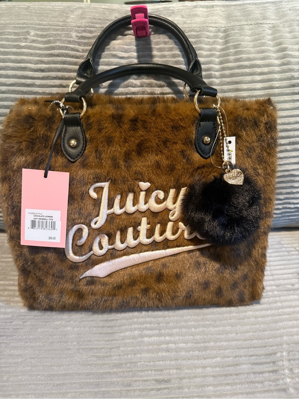 Juicy Couture Leopard Juicy Snowball Tote So Soft Big Fuzzy Charm Faux Fur